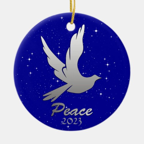 Peace Dove in Silver Gray Against a Starry Sky  Ceramic Ornament