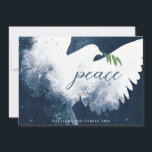 Peace Dove Navy Blue Holiday Card<br><div class="desc">These 7" x 5" flat holiday greeting cards feature an abstract dove in shades of navy blue. "peace" in blue along with a green olive branch. Customize with your family name and year.</div>