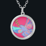Peace dove, no war yellow silver plated necklace<br><div class="desc">This beautiful necklace feature a colorful and artistic peace dove in pink blue on hot pink background in pop-art style. Ideal way to beautifully show your attitude to peace and freedom, against war and violence. For pacifists, anti-war demonstrations and peace seekers.</div>