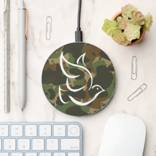 PEACE Dove Symbol Sign - Hippie Khaki Camouflage Wireless Charger