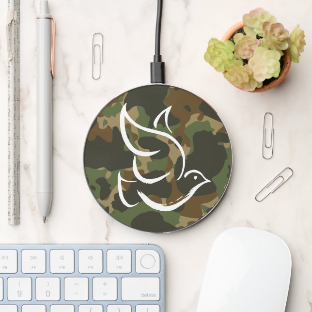 PEACE Dove Symbol Sign - Hippie Khaki Camouflage Wireless Charger (Desk)