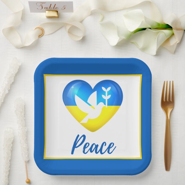 Peace Dove Ukraine Flag Heart  Paper Plates (Wedding)