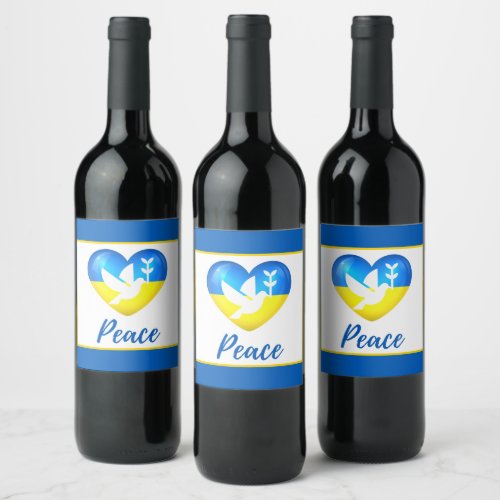 Peace Dove Ukraine Flag Heart  Wine Label