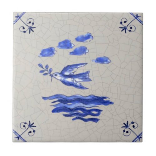 Peace Dove w Olive Branch Blue Delft 1600s Repro  Ceramic Tile