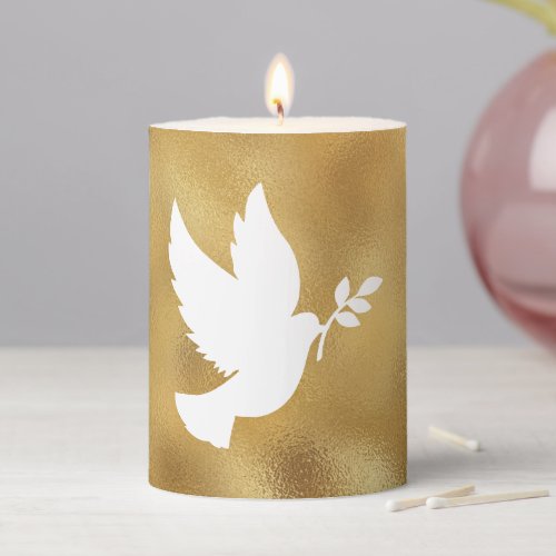 Peace Dove with Olive Branch Faux Gold Foil Pillar Candle