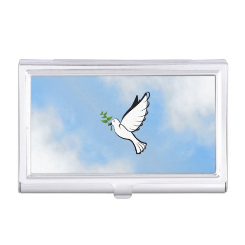 Peace Dove with Olive Branch in Cloudy Blue Sky Business Card Case