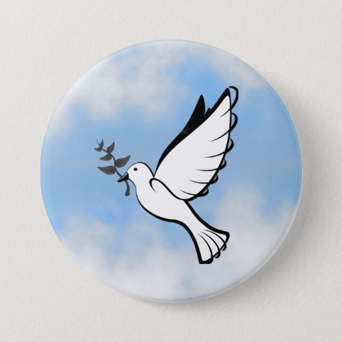 Peace Dove with Olive Branch in Cloudy Blue Sky Button