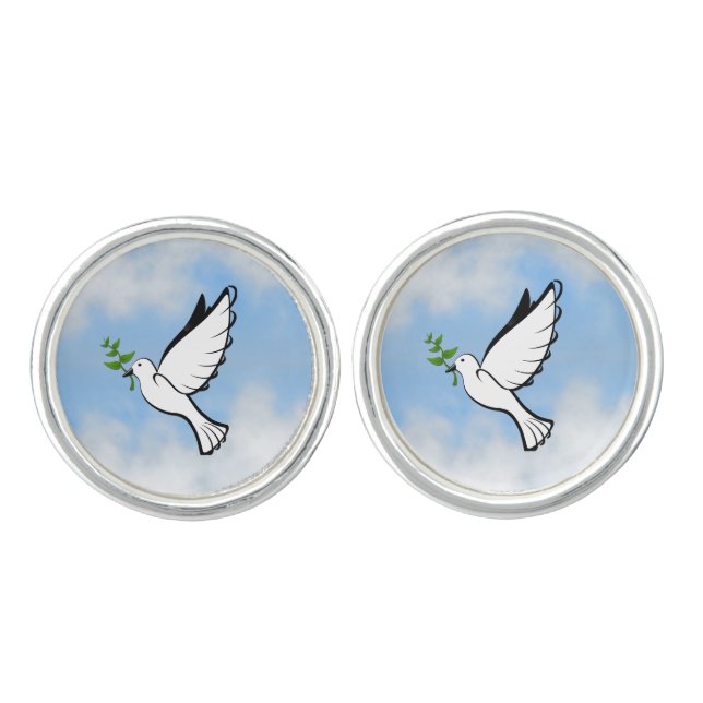 Peace Dove with Olive Branch in Cloudy Blue Sky Cufflinks (Front)
