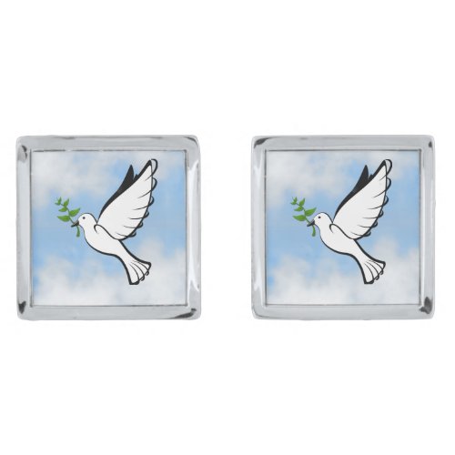 Peace Dove with Olive Branch in Cloudy Blue Sky Cufflinks