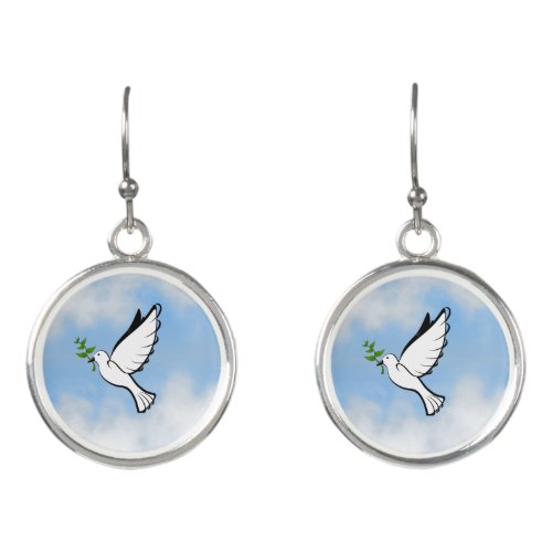 Peace Dove with Olive Branch in Cloudy Blue Sky Earrings