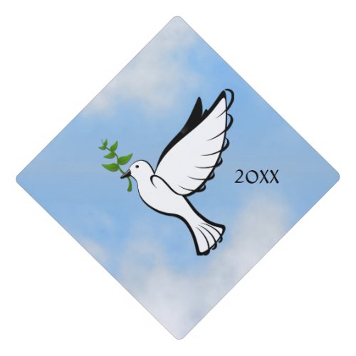Peace Dove with Olive Branch in Cloudy Blue Sky Graduation Cap Topper