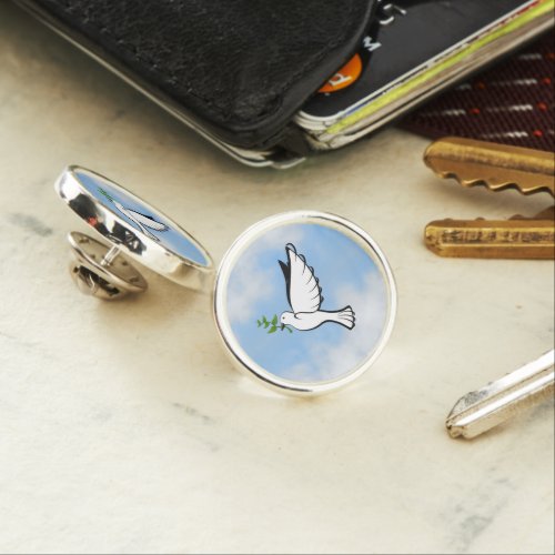 Peace Dove with Olive Branch in Cloudy Blue Sky Lapel Pin