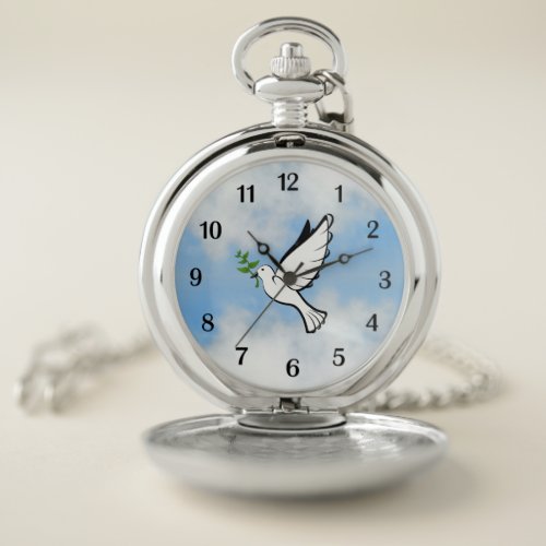 Peace Dove with Olive Branch in Cloudy Blue Sky Pocket Watch