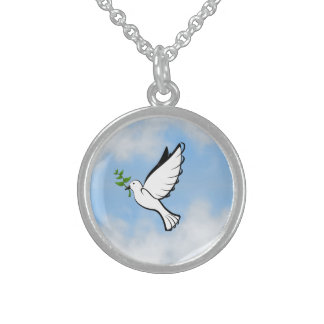 Peace Dove with Olive Branch in Cloudy Blue Sky Sterling Silver Necklace