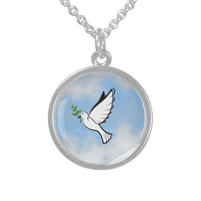 Peace Dove with Olive Branch in Cloudy Blue Sky Sterling Silver Necklace (Front)