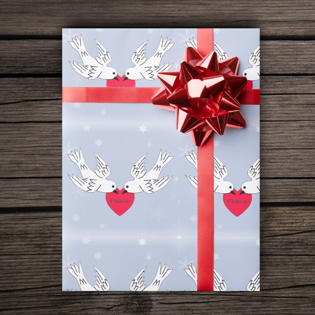 Peace Doves Heart Snowflakes Birds Wrapping Paper (Two white doves holding red heart with word Peace on light blue with snowflakes roll gift wrap paper)
