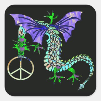Peace Dragon Square Sticker by Crazy_Card_Lady at Zazzle
