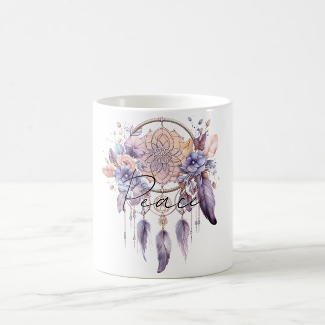 Peace Dream Catcher Purple Feathers Coffee Mug (Center)