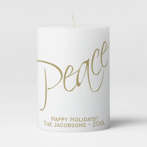 Peace Elegant Simple Gold  White Holiday Pillar Candle