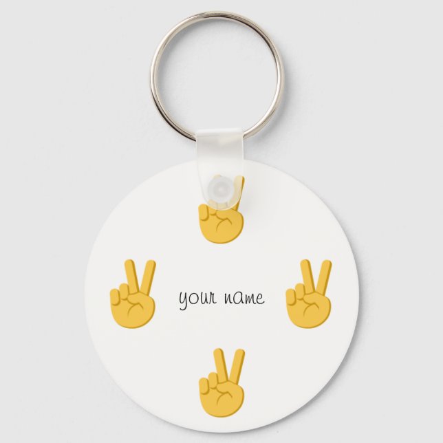 Peace Emoji Hand  and '' Your Name Here " Keychain (Front)