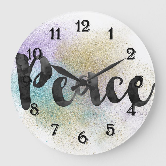 Peace Faux Gold Purple Aqua Glitter Large Clock (Front)