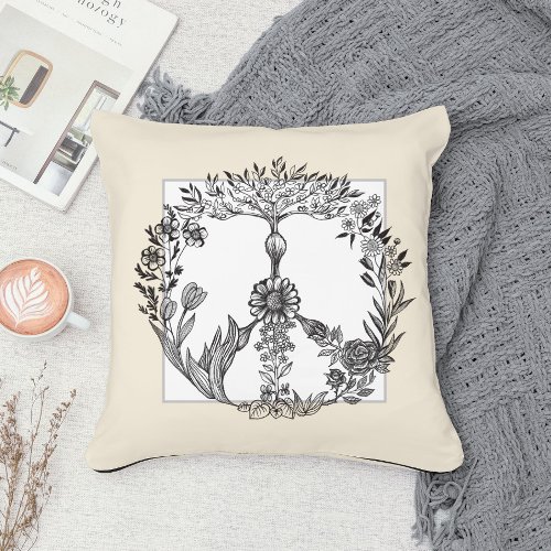 Peace Floral Drawing Cute Boho Hippie Flowers Art Throw Pillow