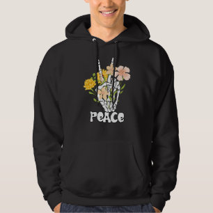 Peace Flowers And Skeleton Hand Peace Sign Retro B Hoodie