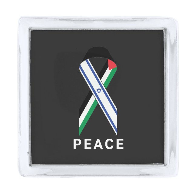 Peace for Israel and Palestine flag ribbon black Silver Finish Lapel Pin (Front)
