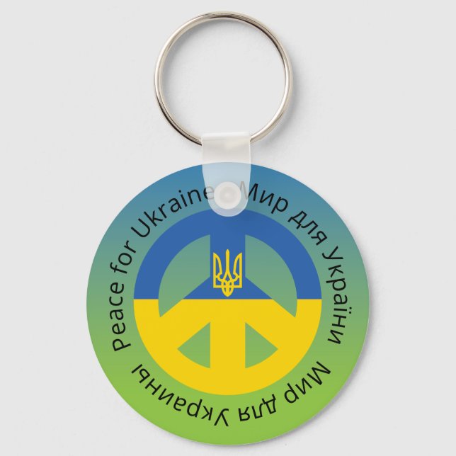 Peace for Ukraine in English Ukrainian and Russian Keychain (Front)
