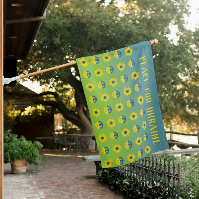 Peace for Ukraine Peace Symbol and Sunflower House Flag (In SItu)