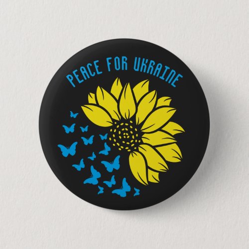 Peace for Ukraine. Sunflower symbol of peace. Button