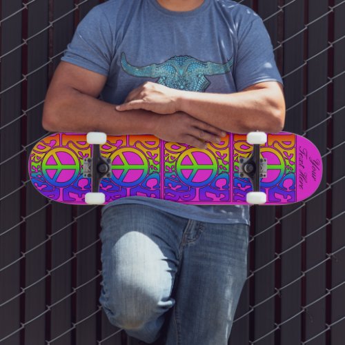 Peace Forever Vintage Retro Rainbow Repeat on pink Skateboard