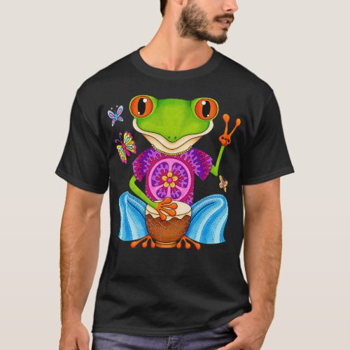 Peace Frog Colorful Hippie Frog Art by Thaneeya Mc T_Shirt