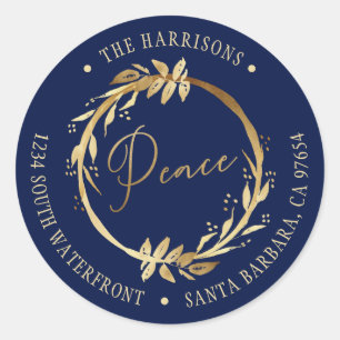 Peace Gold Wreath Navy Blue Family Return Address Classic Round Sticker
