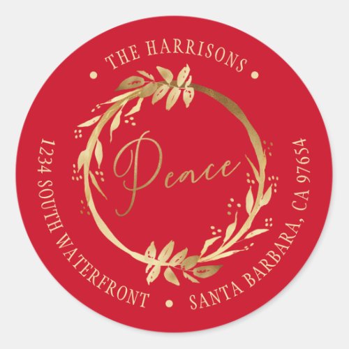 Peace Gold Wreath Red Family Return Address Classic Round Sticker