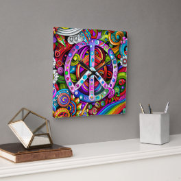 Peace Graphic Doodle Art Square Wall Clock
