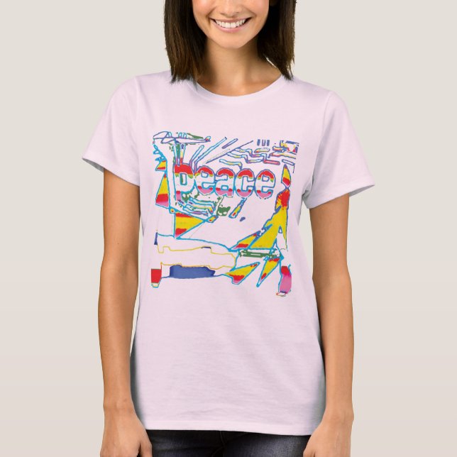"Peace" Graphic with Yellow Red Pink Blue Design T T-Shirt (Front)