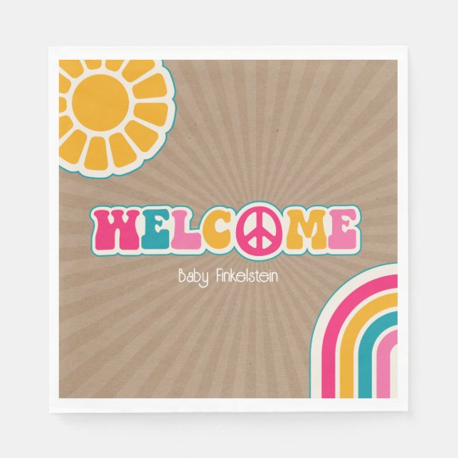 Peace Groovy Brown Hot Pink Baby Shower Hippie  Napkins (Front)