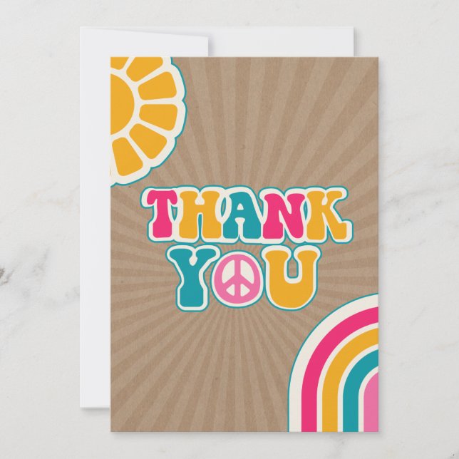 Peace Groovy Hot Pink Brown Baby Shower Hippie Thank You Card (Front)