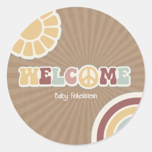 Peace Groovy Welcome Pink Brown Baby Shower Hippie Classic Round Sticker