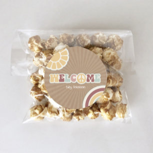 Peace Groovy Welcome Pink Brown Baby Shower Hippie Classic Round Sticker