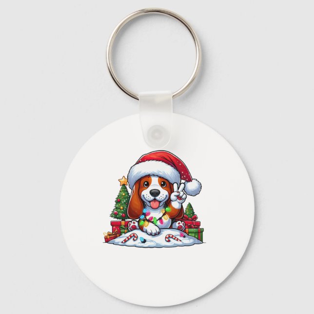 Peace Hand Basset Hound Christmas Lights Dog Women Keychain (Front)