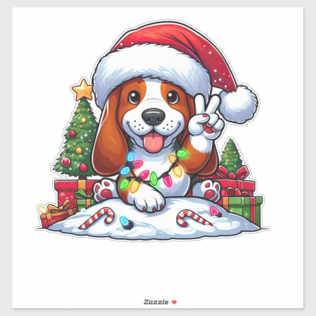 Peace Hand Basset Hound Christmas Lights Dog Women Sticker (Sheet)
