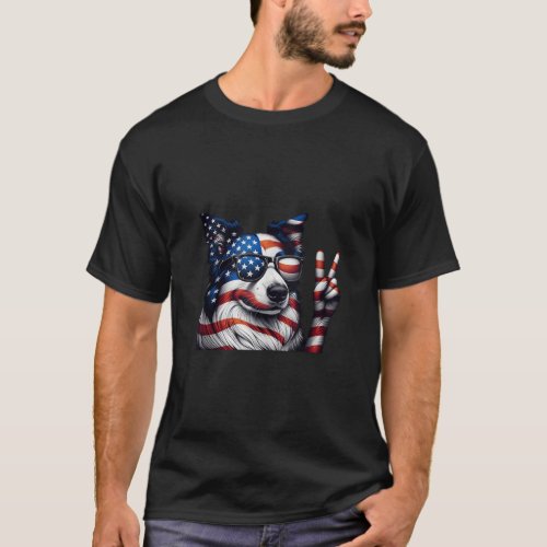 Peace Hand Border Collie Dog American Flag USA Pat T_Shirt