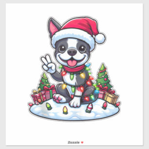 Peace Hand Boston Terrier Christmas Lights Womens  Sticker