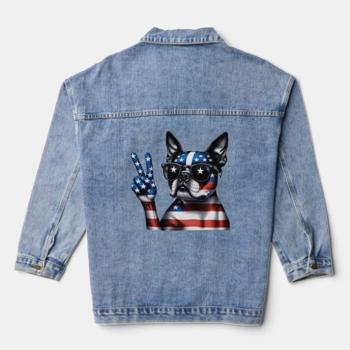 Peace Hand Boston Terrier Dog American Flag USA Pa Denim Jacket