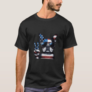 Peace Hand Boston Terrier Dog American Flag USA Pa T-Shirt