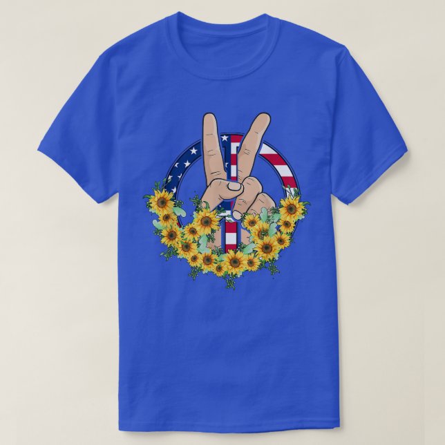 Peace Hand In Peace Sunflower American Flag 4th Of T-Shirt (Design Front)