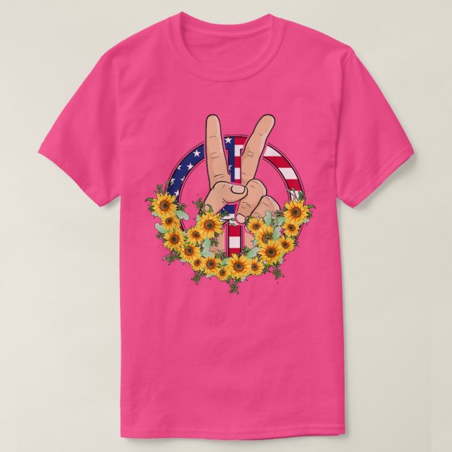 Peace Hand In Peace Sunflower American Flag 4th Of T-Shirt (Design Front)
