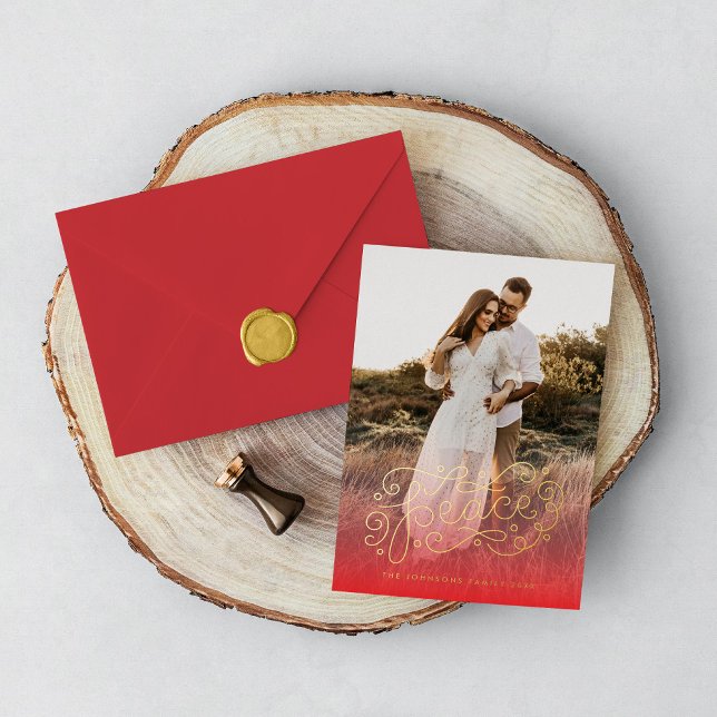 Peace hand lettering Red Foil Holiday Card (Creator Uploaded)